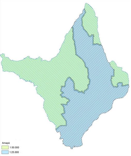 Áreas a serem mapeadas no Estado do Amapá nas escalas de 1:25.000 e 1:50.000. Fonte: DSG